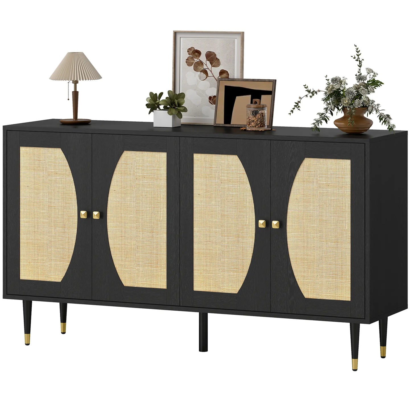 55" Sideboard Buffet Cabinet, Boho Storage With Adjustable Shelves, Black Storage Cabinets Black, Natural at Gallery Canada