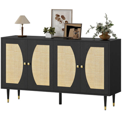 55" Sideboard Buffet Cabinet, Boho Storage With Adjustable Shelves, Black Storage Cabinets Black, Natural at Gallery Canada