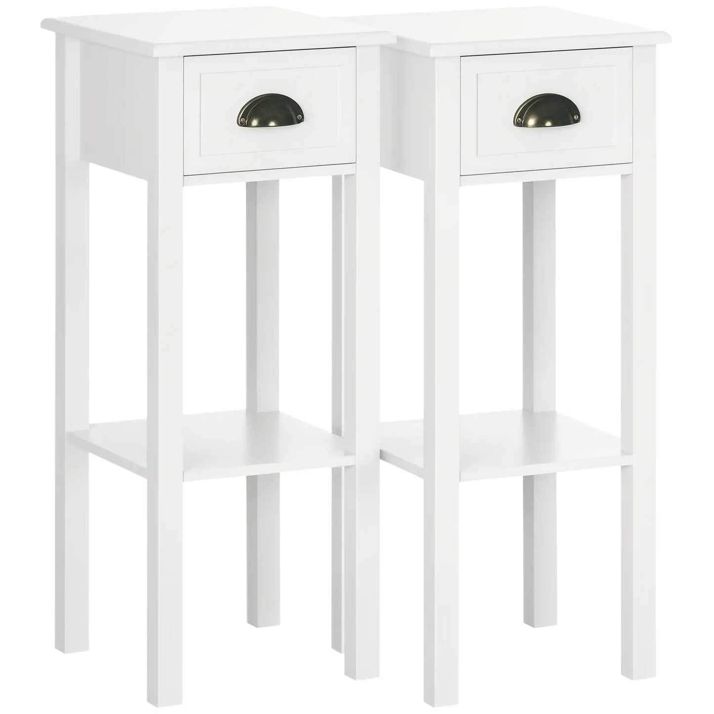 2 Tier Side Table, Set of 2, Narrow Tall End Table with Drawer, White Side Tables White at Gallery Canada