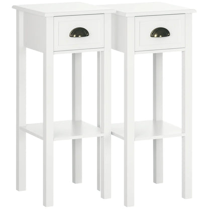 2 Tier Side Table, Set of 2, Narrow Tall End Table with Drawer, White Side Tables White at Gallery Canada