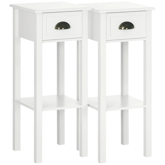 2 Tier Side Table, Set of 2, Narrow Tall End Table with Drawer, White Side Tables White at Gallery Canada