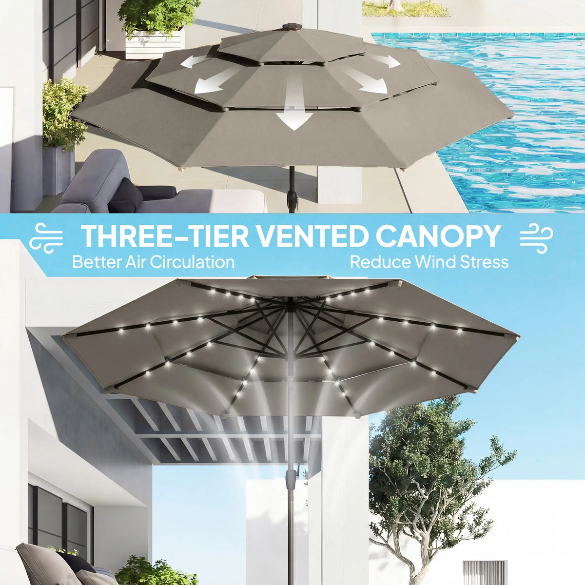 9.3 ft Outdoor Patio Umbrella, Solar LED Lights, Cover, Grey Sun Umbrellas at Gallery Canada