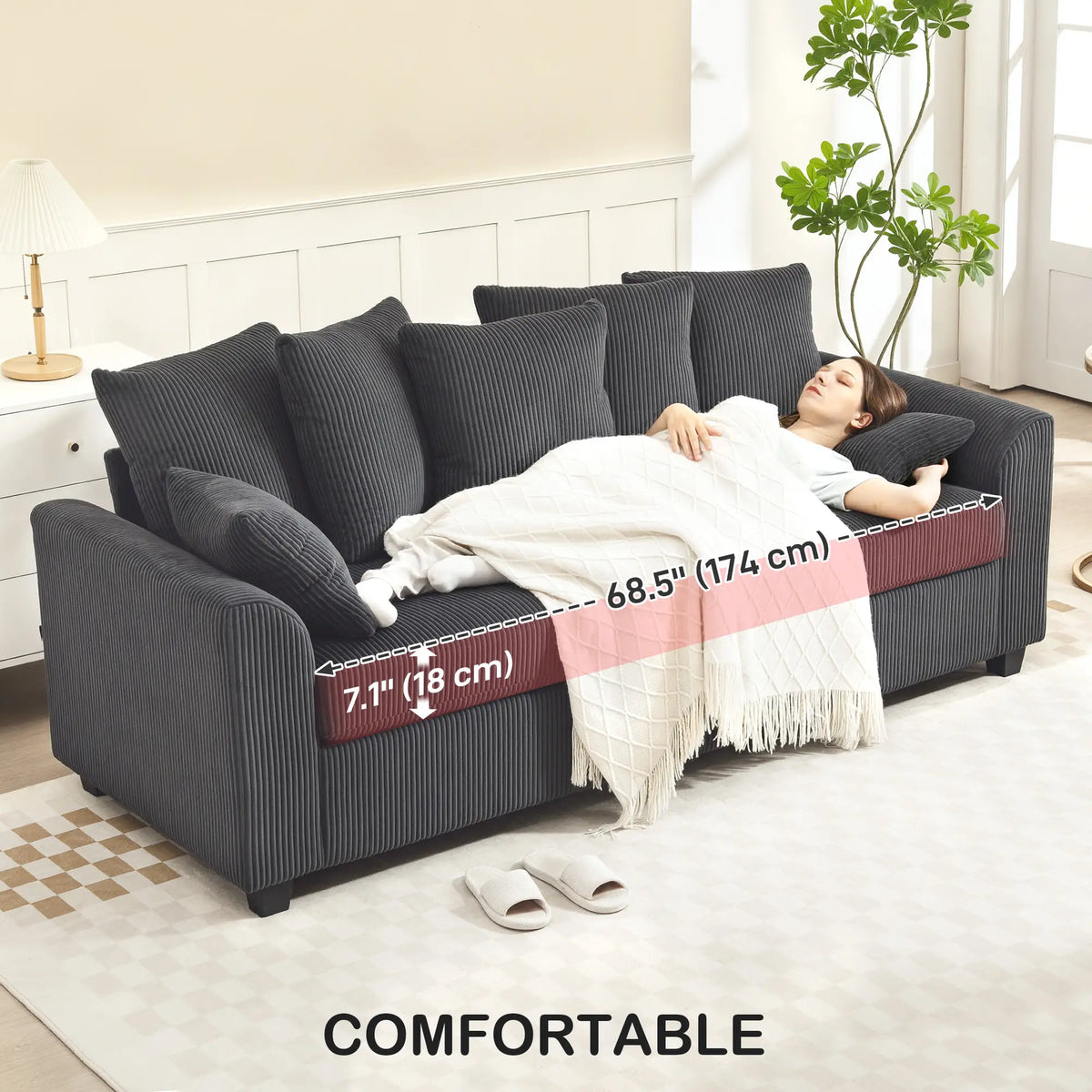 Corduroy Couch, 3 Seater Sofa, Modern Upholstered with Curved Armrests, 8 Removable Pillows, Dark Grey 3-Seater Sofas at Gallery Canada
