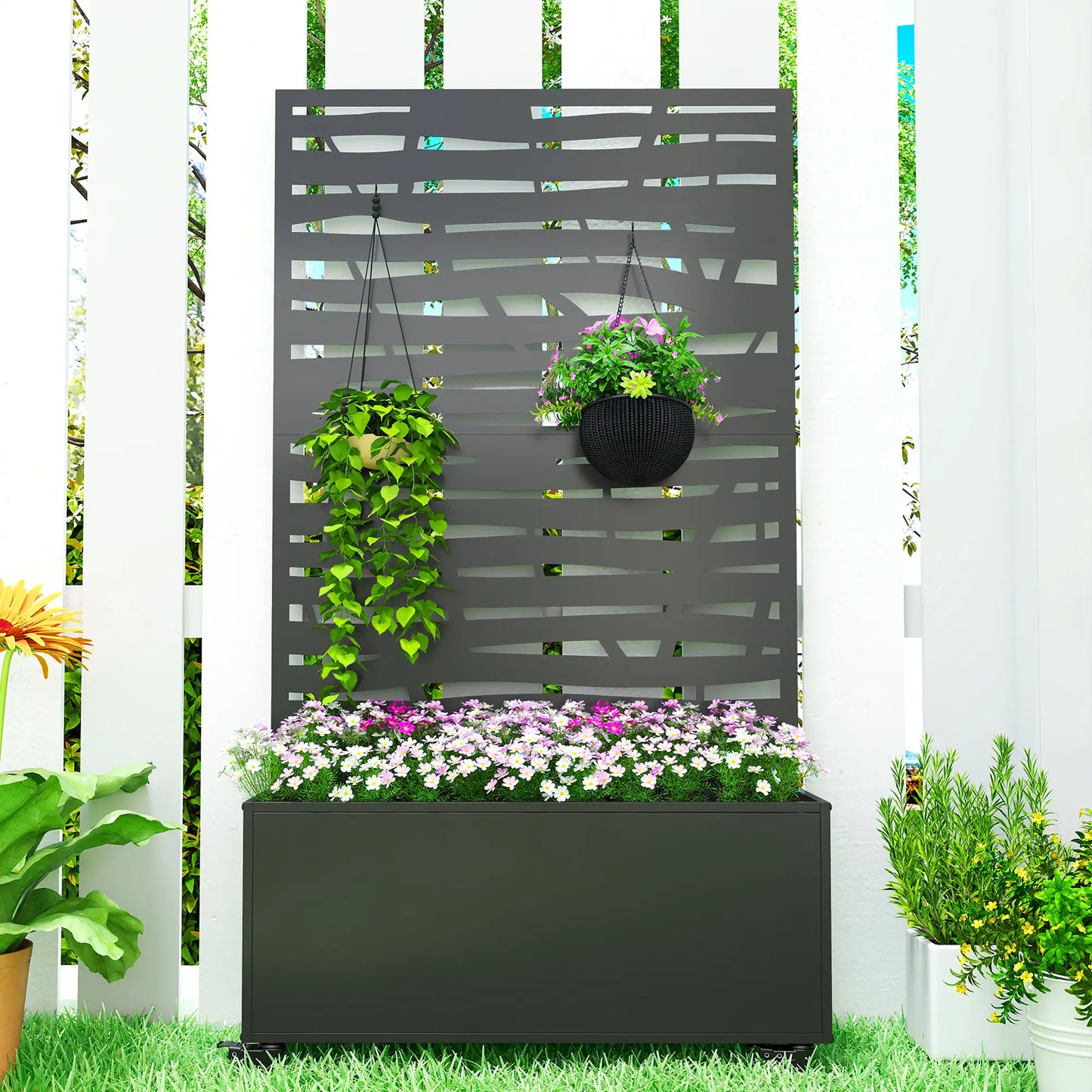 Metal Planter Box With Trellis, Raised Garden Bed With Privacy Screen