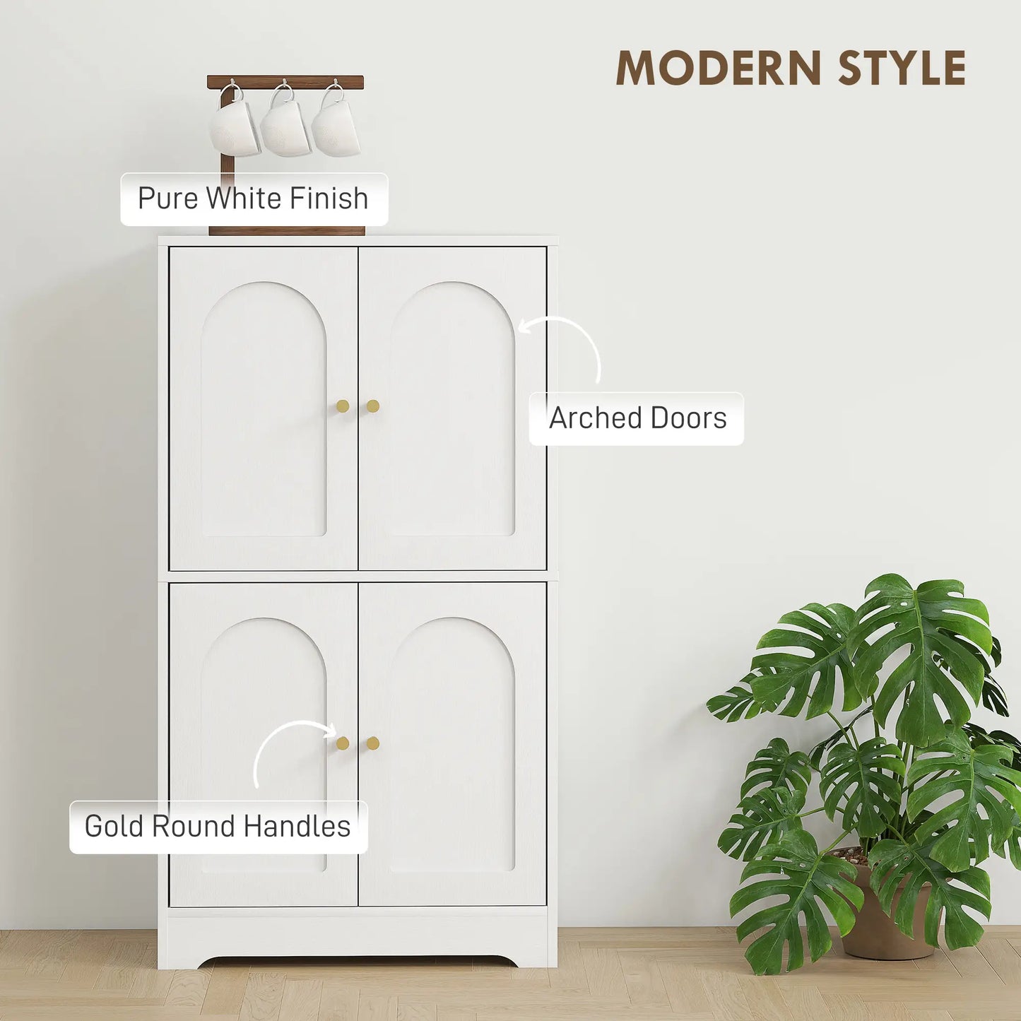 43" Kitchen Pantry Cabinet, Freestanding, 4 Arched Doors, 2 Adjustable Shelves, White Kitchen Pantry Cabinets at Gallery Canada