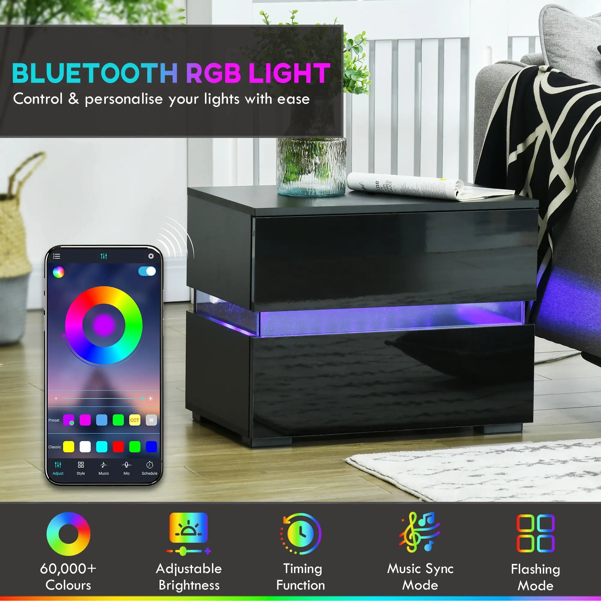 Modern Nightstand, 2 Drawers, USB RGB LED Lights, Remote, Black Bedside Tables at Gallery Canada