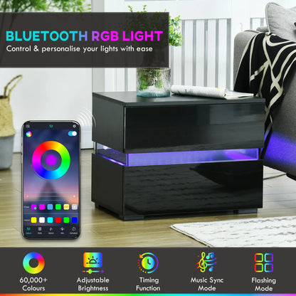 Modern Nightstand, 2 Drawers, USB RGB LED Lights, Remote, Black Bedside Tables at Gallery Canada