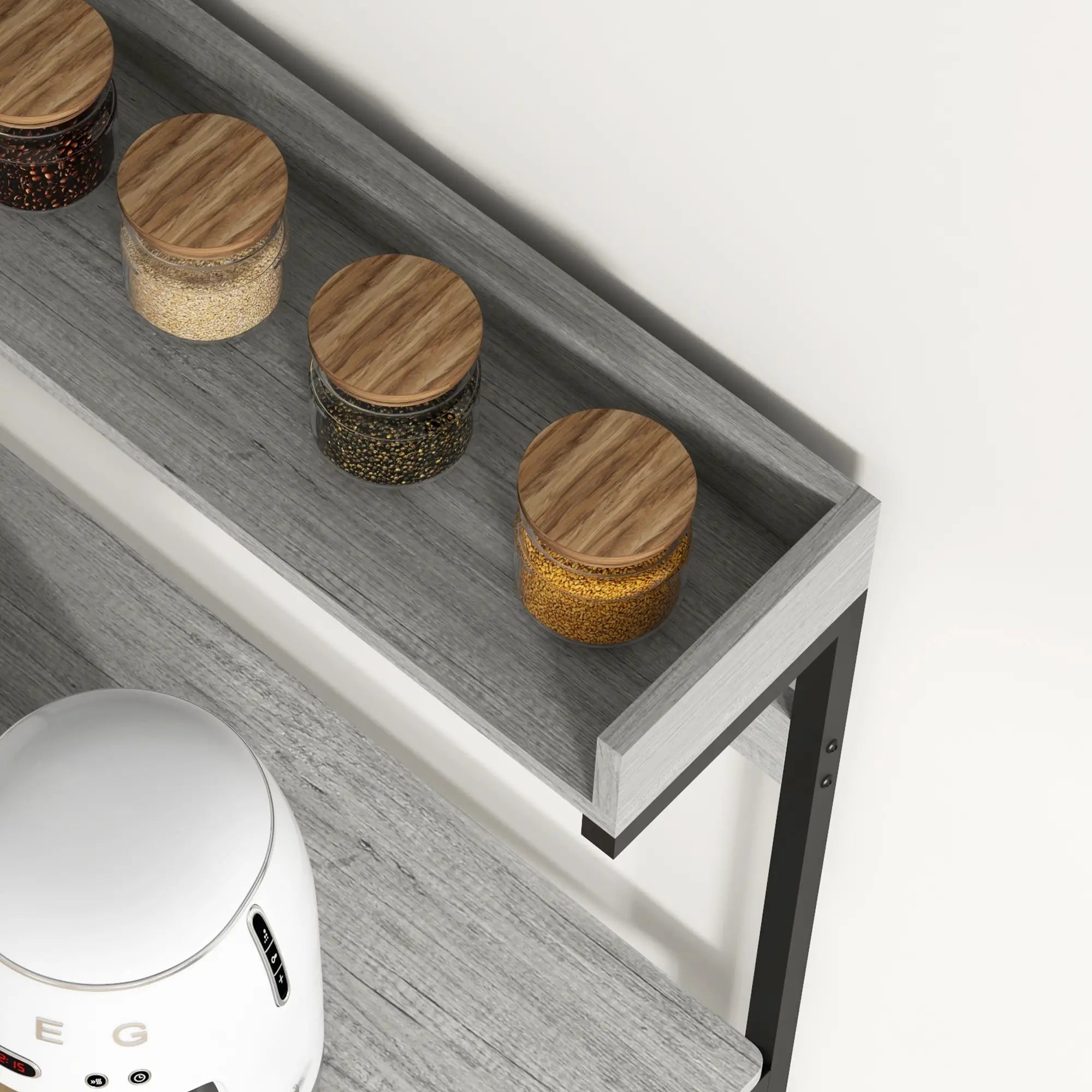 Kitchen Baker's Rack with Power Outlet, Coffee Bar Station with Adjustable Shelves and Hooks, Distressed Grey Bar Cabinets at Gallery Canada