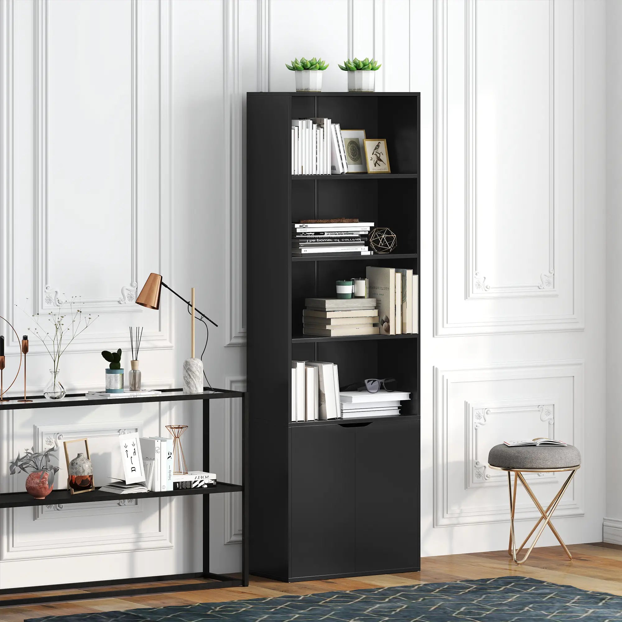 4-Tier Open Bookshelf with Doors, Home Office Storage, Black Bookcases With Doors at Gallery Canada