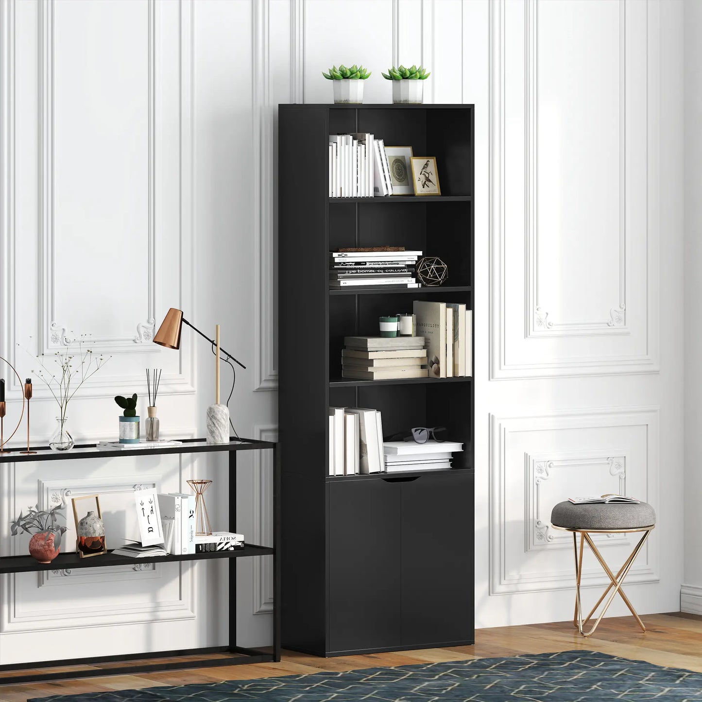 4-Tier Open Bookshelf with Doors, Home Office Storage, Black Bookcases With Doors at Gallery Canada
