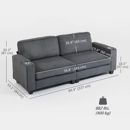 Three Seater Sofa, Fabric Couch with Spring Cushion, Cup Holders, Dark Grey 3-Seater Sofas at Gallery Canada