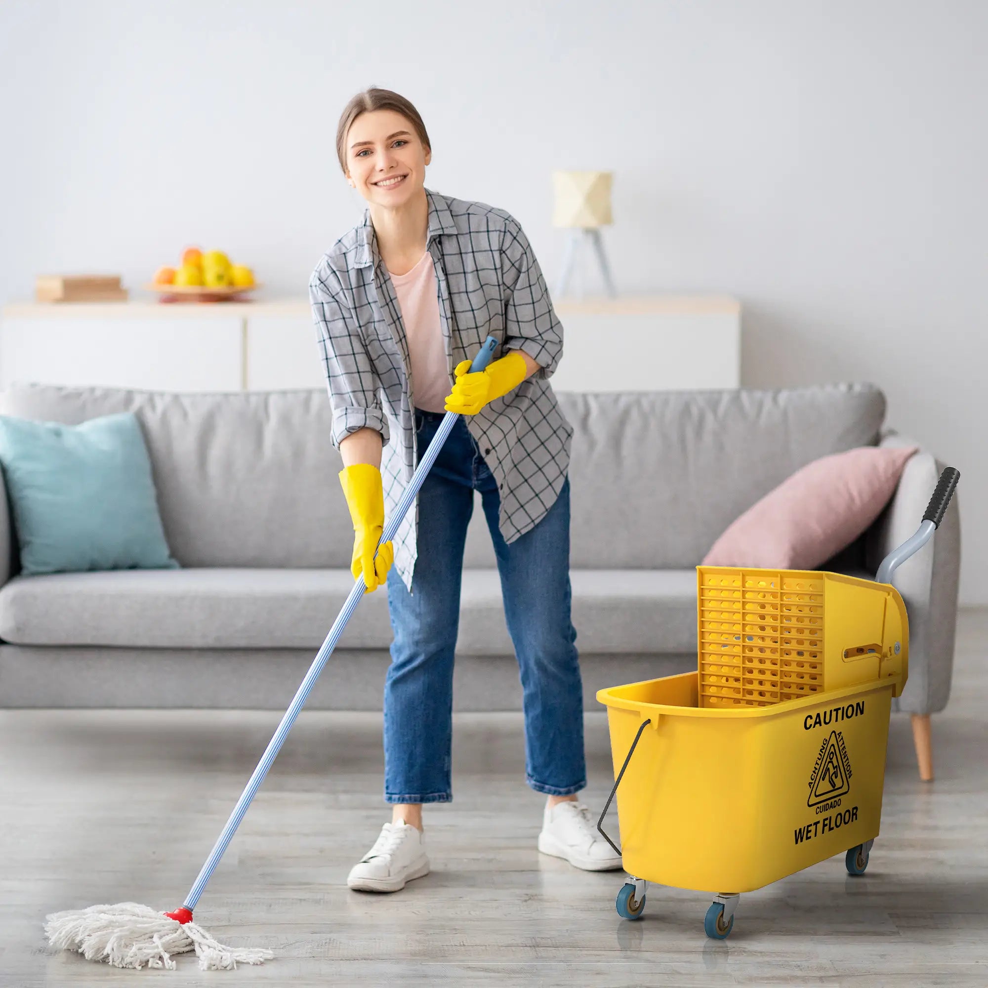 Mop Bucket with Wringer on Wheels, 21 Quart, Yellow Household Supplies at Gallery Canada