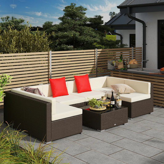 7-Piece Patio Furniture Set, Rattan Outdoor Sofa, Ivory Patio Furniture Sets Dark Brown Rattan, Beige Fabric at Gallery Canada