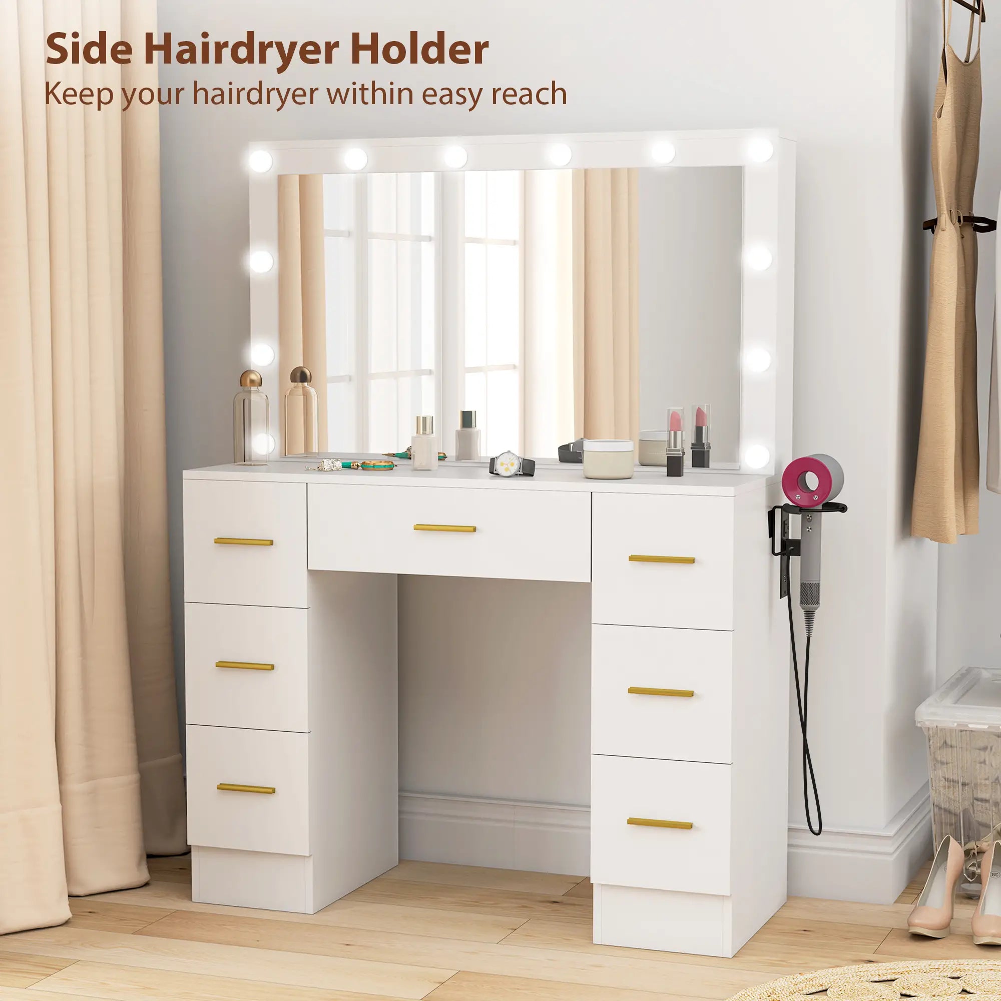 Makeup Vanity Desk with Mirror, Lights, 7 Drawers, White Dressing & Vanity Tables at Gallery Canada