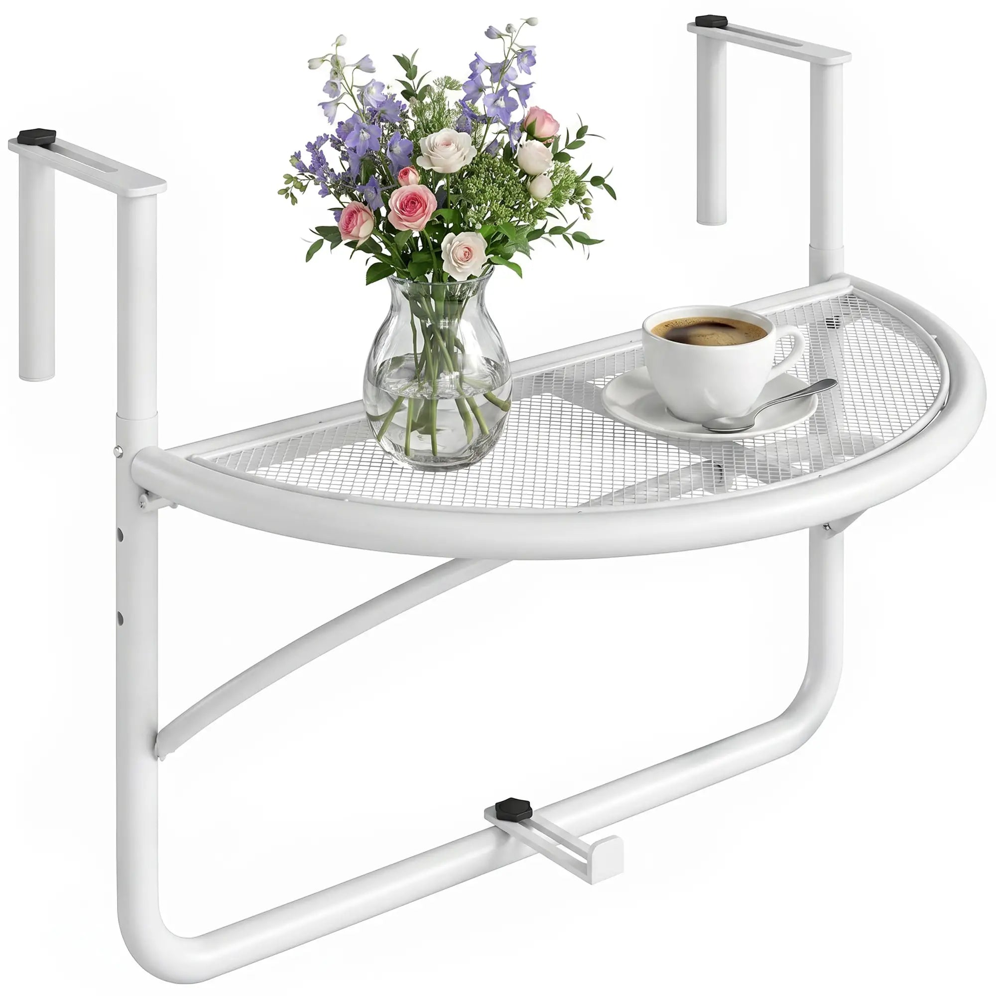Adjustable Balcony Hanging Table, Metal Wall Desk, Outdoor Flower Stand, Half Round, White Balcony Table Hanging White at Gallery Canada