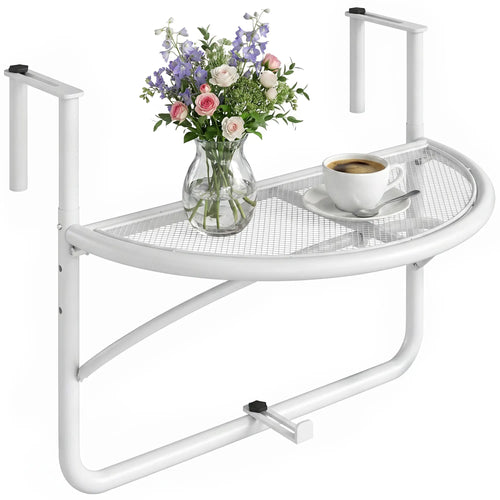 Adjustable Balcony Hanging Table, Metal Wall Desk, Outdoor Flower Stand, Half Round, White