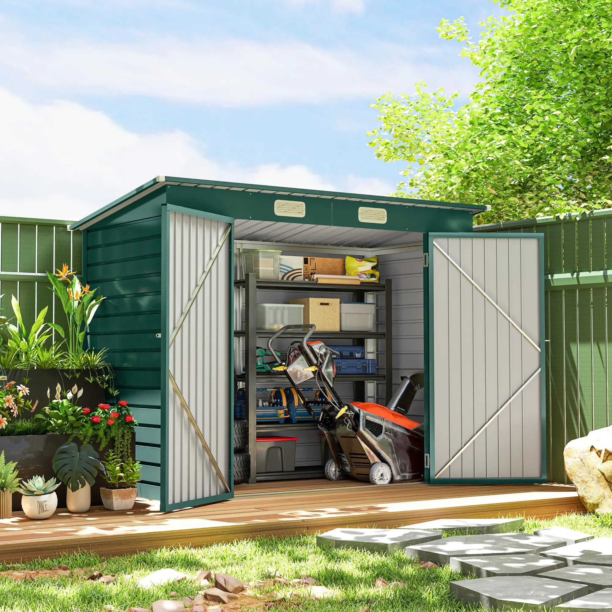 8 x 4FT Galvanized Metal Garden Shed, Double Doors, 2 Vents, Green Sheds at Gallery Canada
