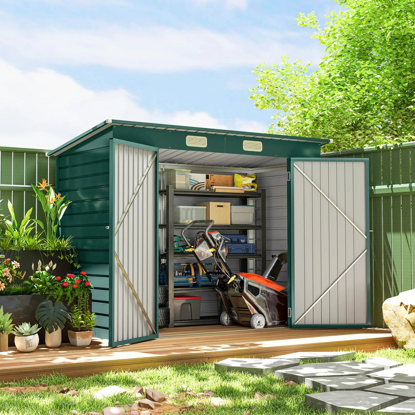 8 x 4FT Galvanized Metal Garden Shed, Double Doors, 2 Vents, Green Sheds at Gallery Canada