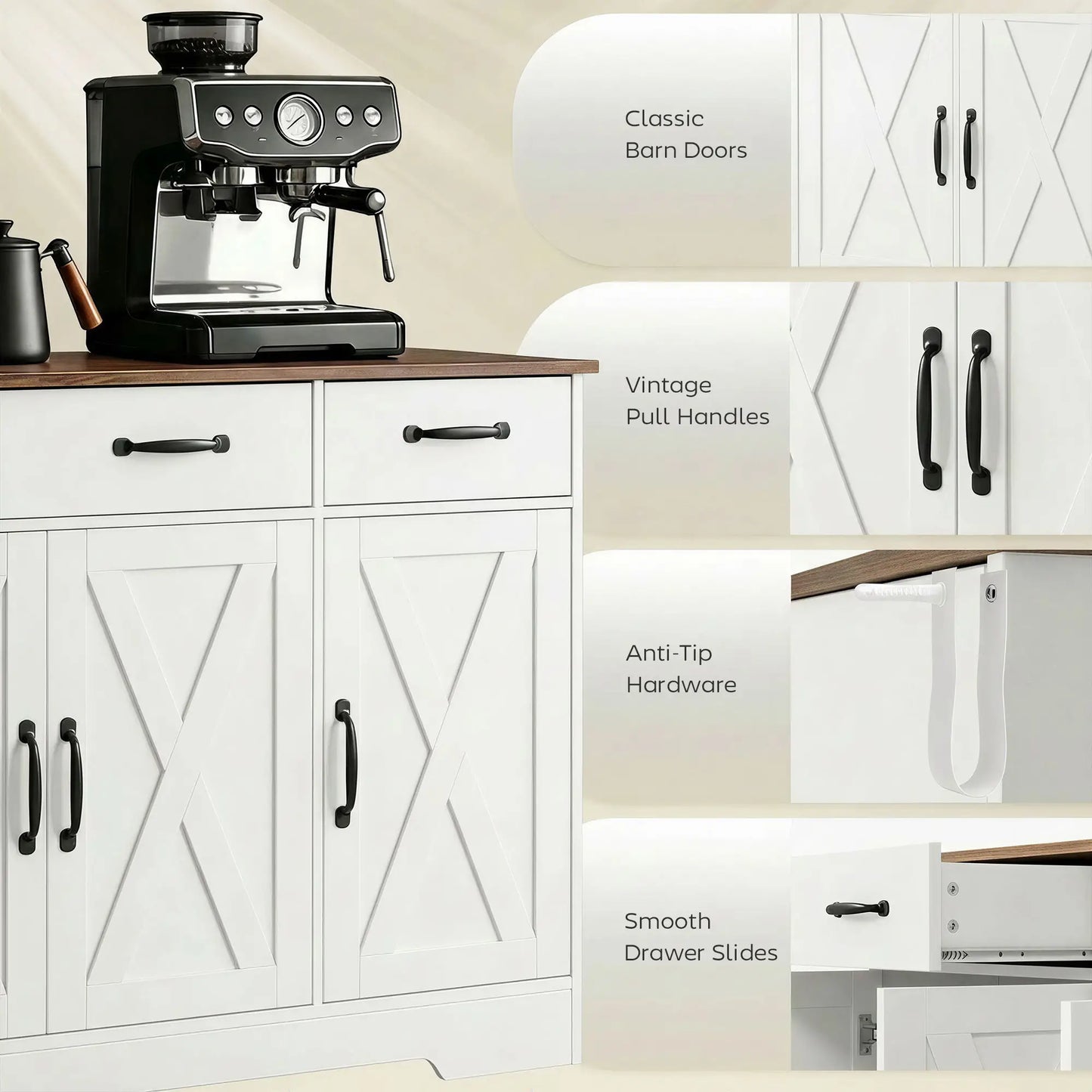 43" Sideboard Buffet Cabinet, 3 Barn Doors, 2 Drawers, White Bar Cabinets at Gallery Canada