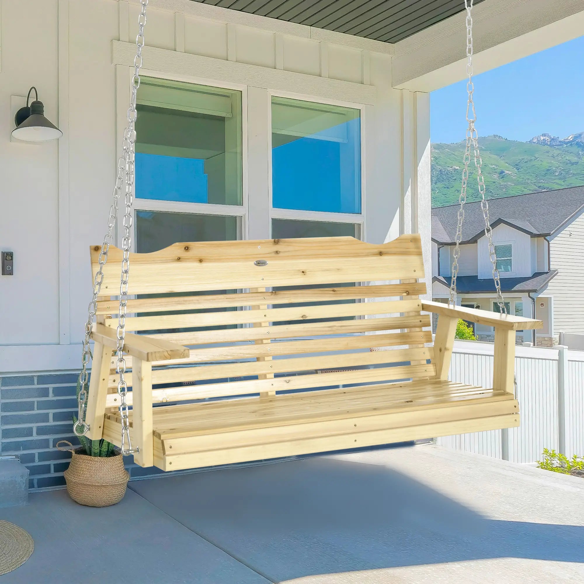2-Seater Porch Swing, Adjustable Hanging Chains, Natural Wood Hanging Porch Swings at Gallery Canada