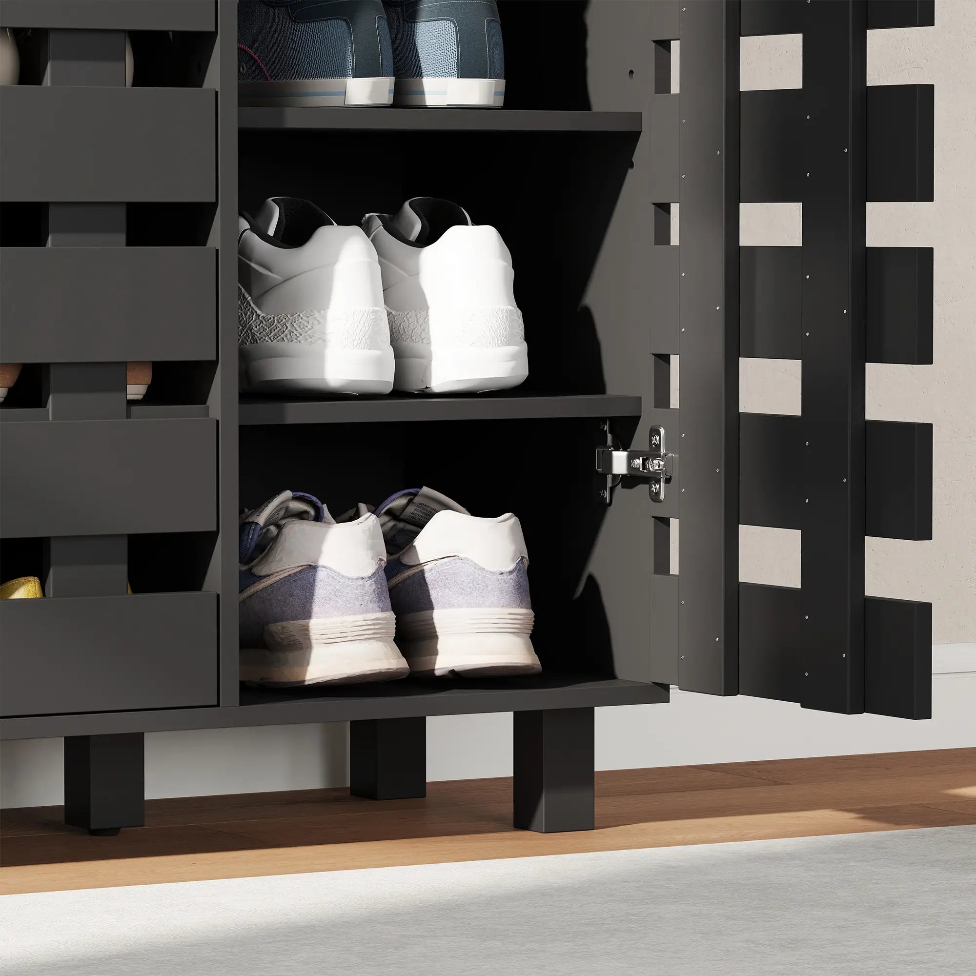 Shoe Cabinet, 20 Pair Storage with Hollowed-Out Doors, Black Shoe Storage Cabinets & Racks at Gallery Canada