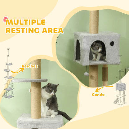 89"-104" Cat Tree, Scratching Post, Cat House, 3-Steps, Hanging Ball, Light Grey Floor to Ceiling Cat Trees at Gallery Canada