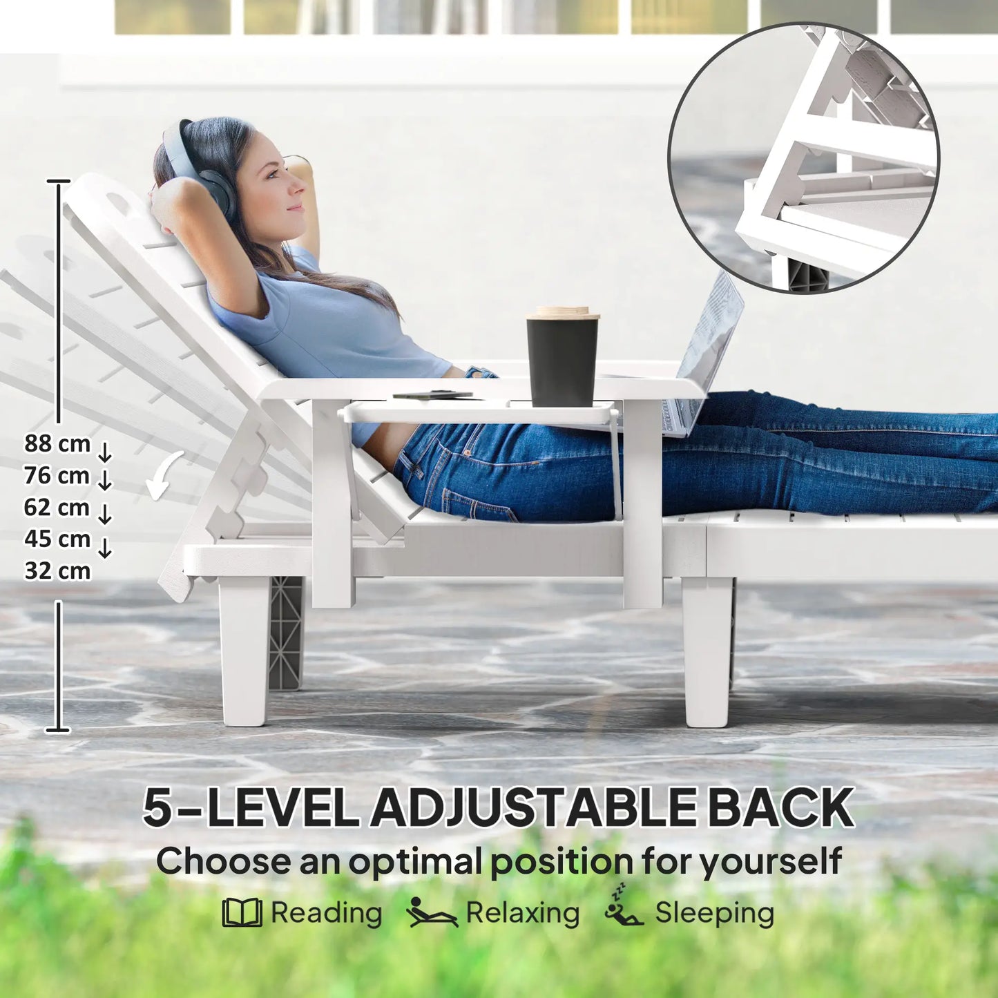 2 Tanning Chairs, 5 Position Adjustable, Foldable Side Table, White Lounger Chairs at Gallery Canada