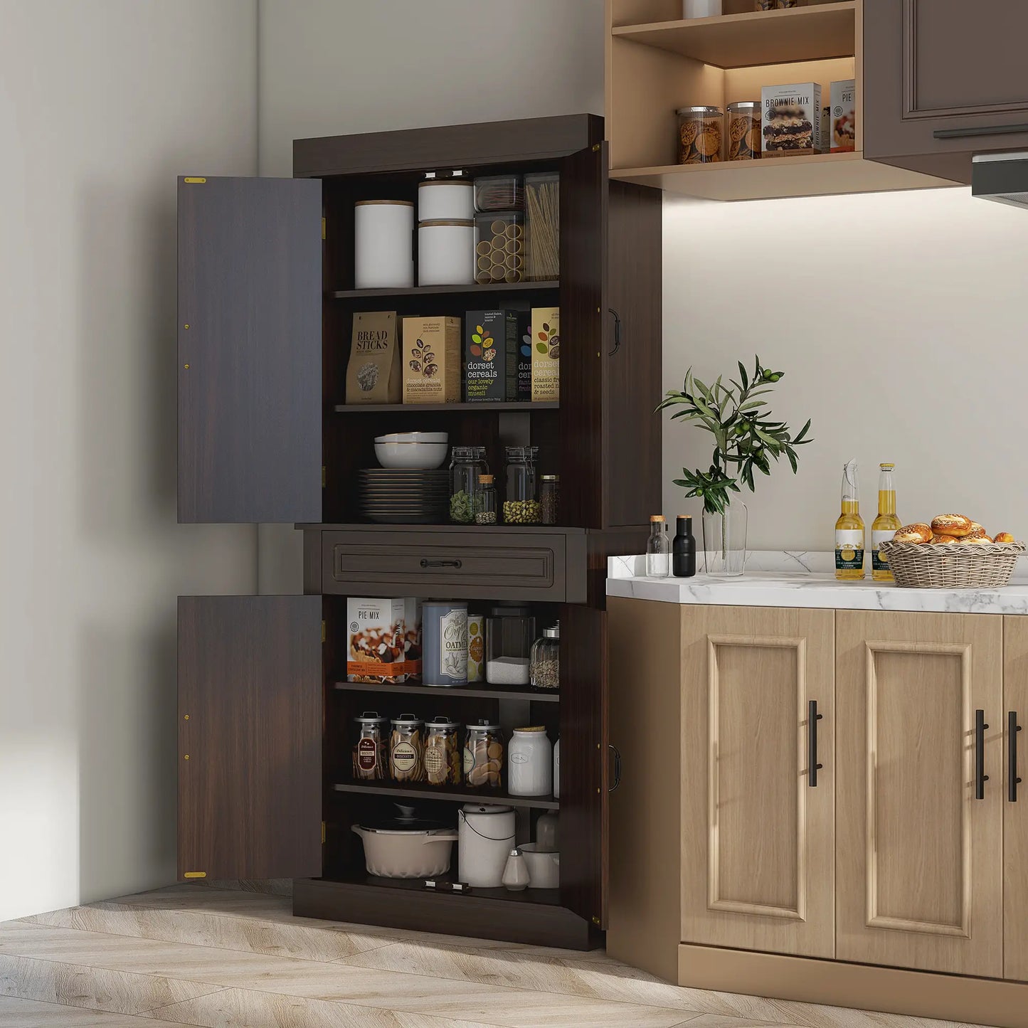 71" Freestanding Kitchen Pantry, 4 Doors 2 Cabinets, Distressed Coffee Kitchen Pantry Cabinets at Gallery Canada