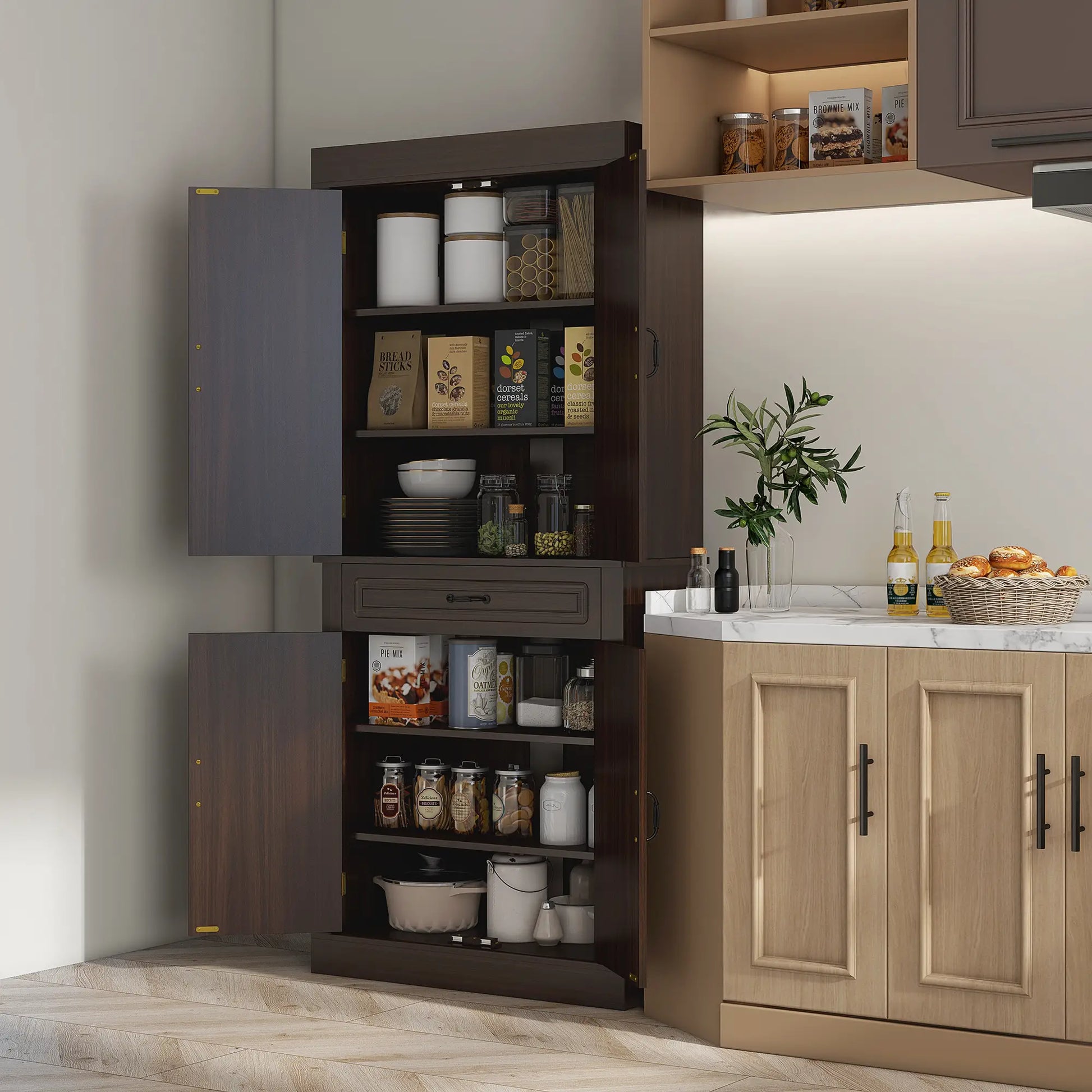 71" Freestanding Kitchen Pantry, 4 Doors 2 Cabinets, Distressed Coffee Kitchen Pantry Cabinets at Gallery Canada