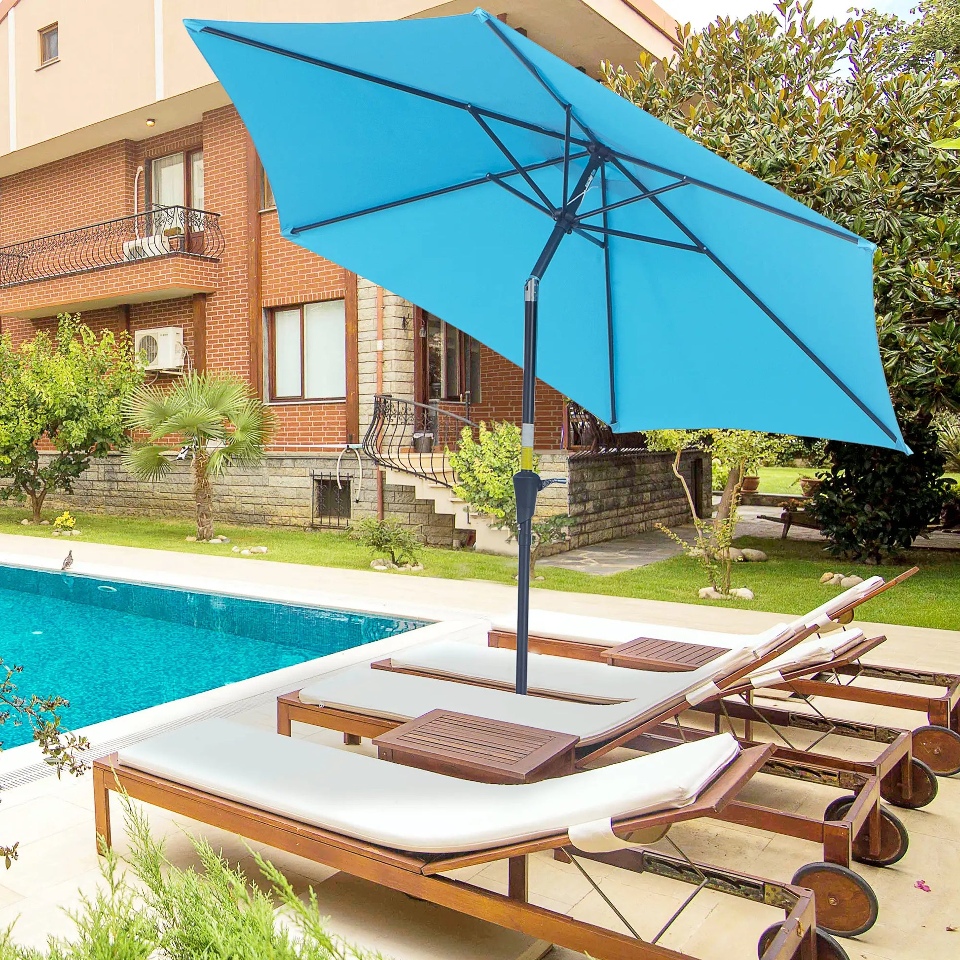 8.5' Round Aluminum Patio Umbrella, Tilt Canopy, 6 Ribs, Blue Sun Umbrellas at Gallery Canada