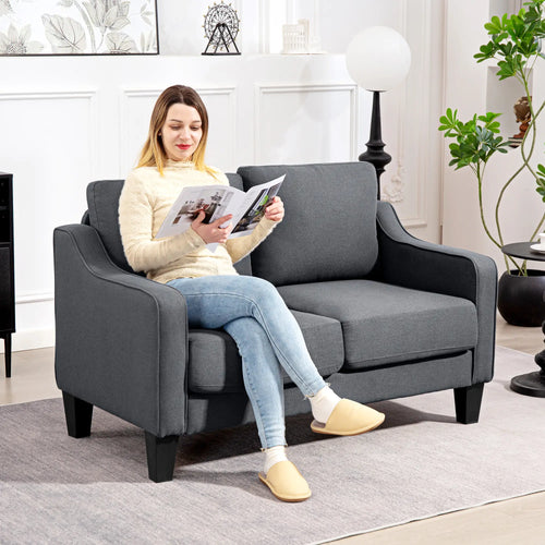 Modern Loveseat Sofa, Pocket Spring, Linen Upholstered, Charcoal Grey