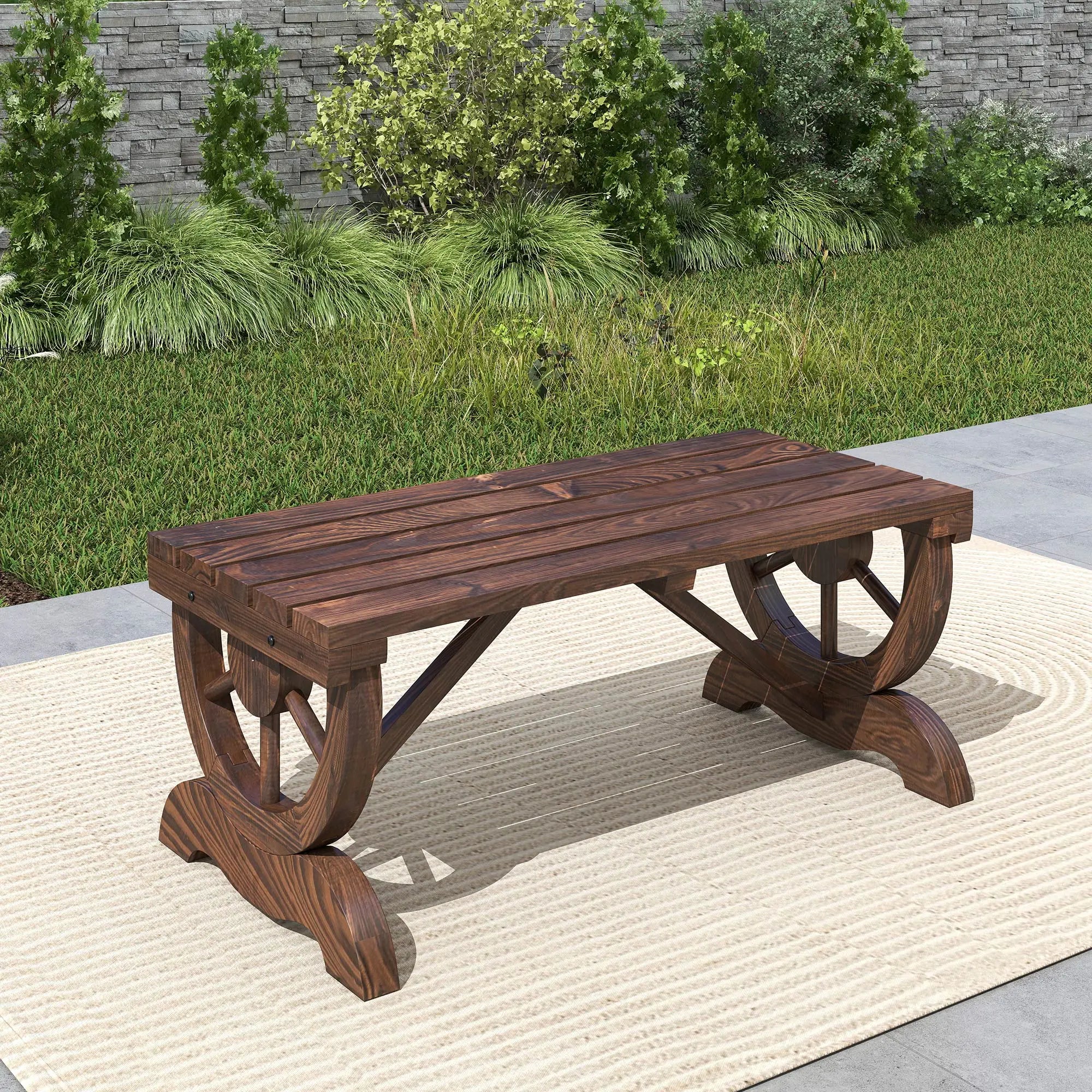 Rustic Wood Wheel Outdoor Garden Bench, 2-Person, Brown Outdoor Benches at Gallery Canada
