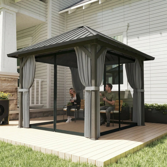 10' X 10' Hardtop Gazebo With Steel Roof, Netting & Curtains, Steel Gazebos Dark Grey, Light Grey at Gallery Canada