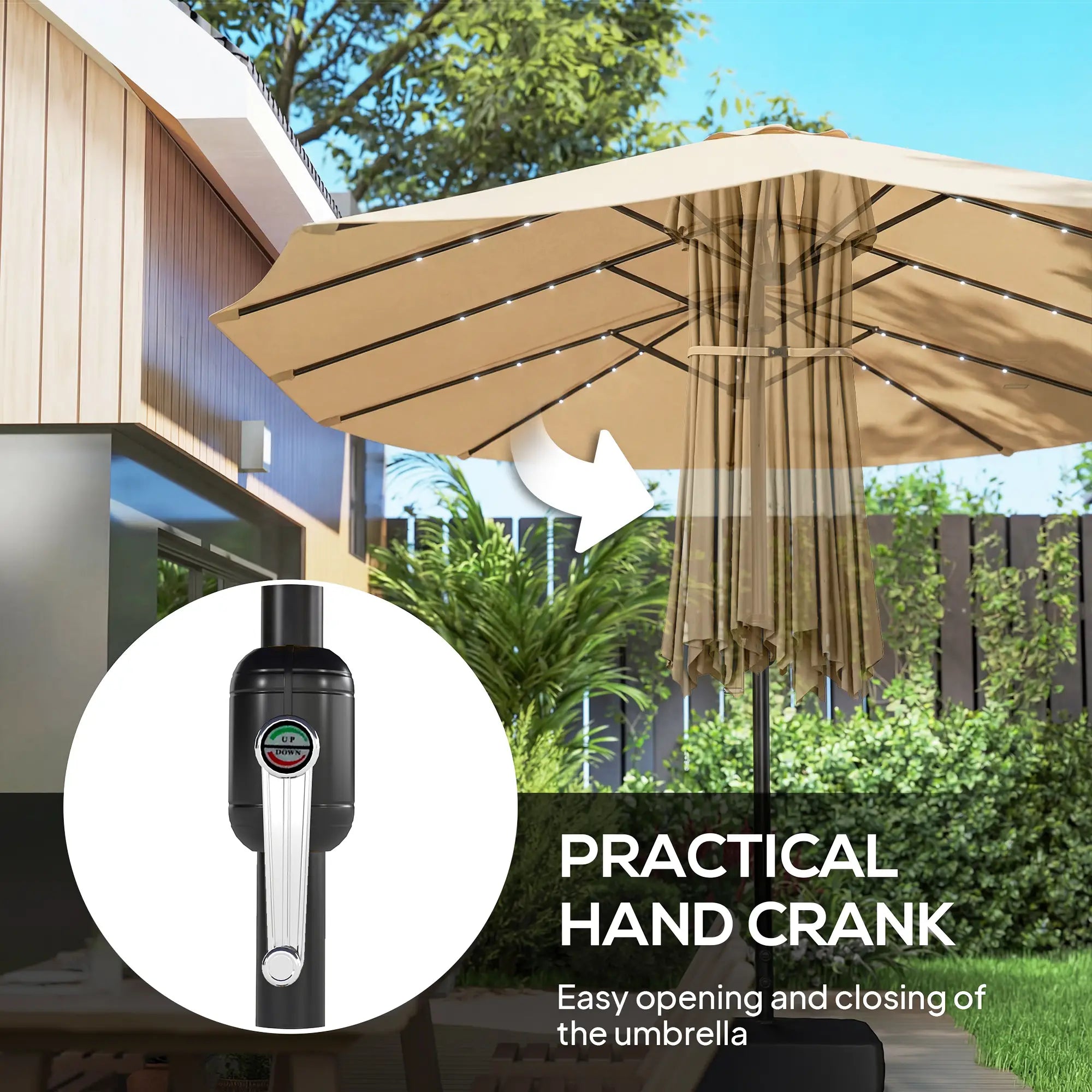 Double Sided Patio Umbrella, 15ft, LED Lights, Base Included, Khaki Double-sided Umbrellas at Gallery Canada