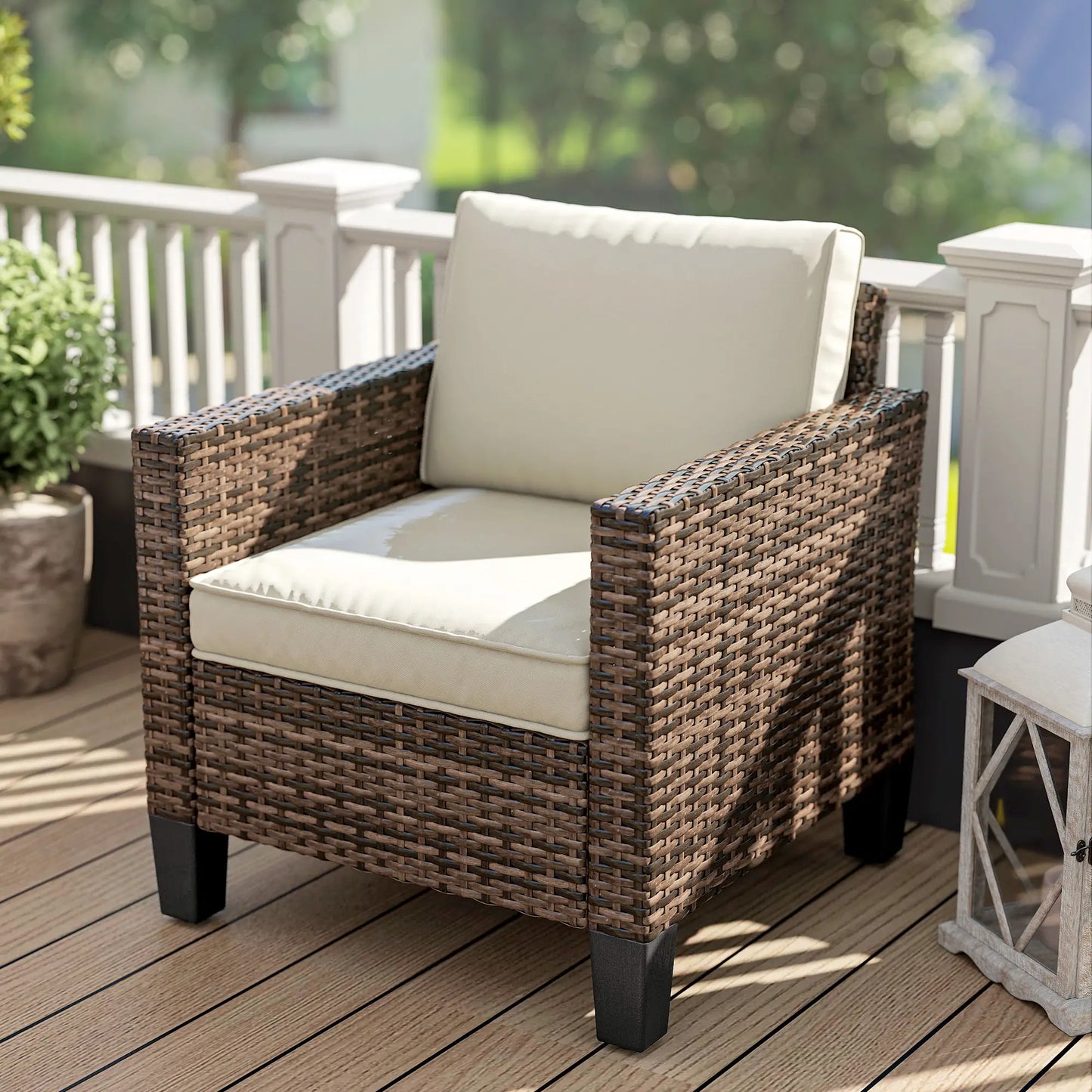 Single Wicker Patio Chair With Armrests, Cushions, Cream White Patio Chairs at Gallery Canada
