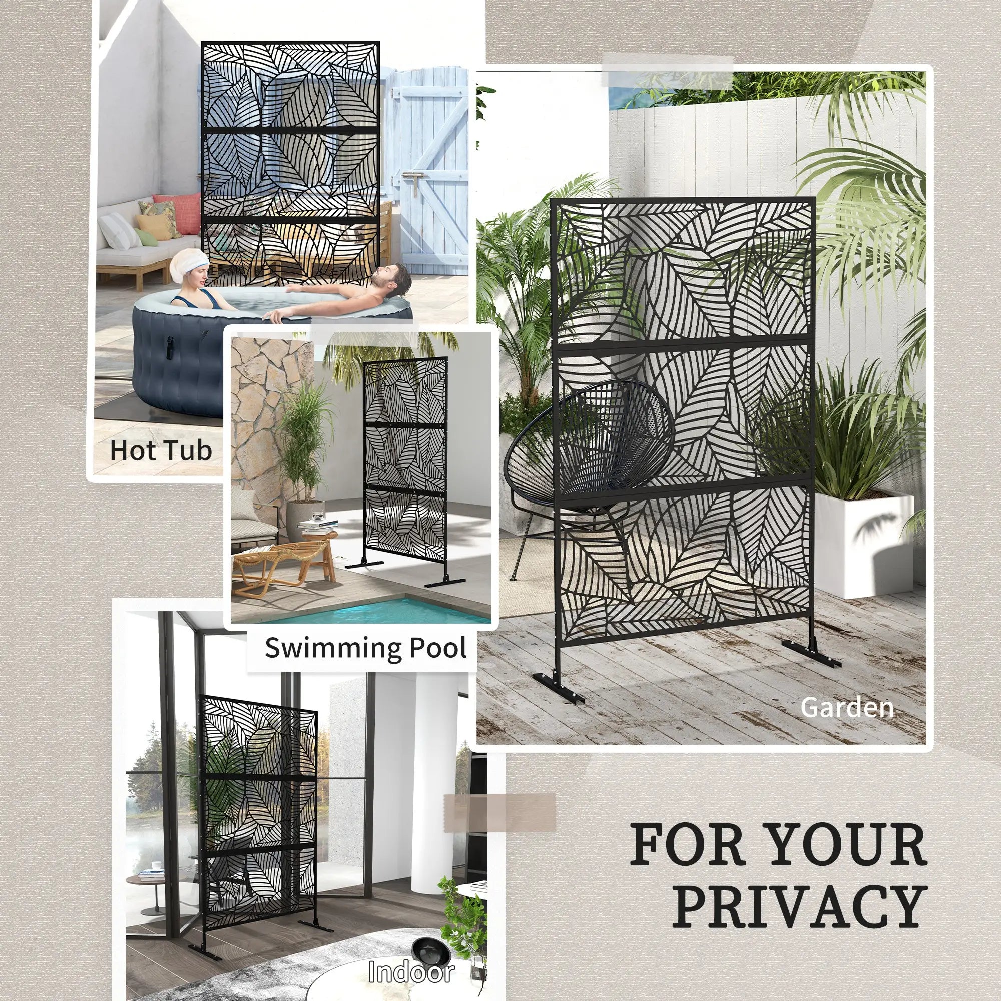 6.5FT Metal Privacy Screen, Large Leaf Style, Black Side Awnings at Gallery Canada