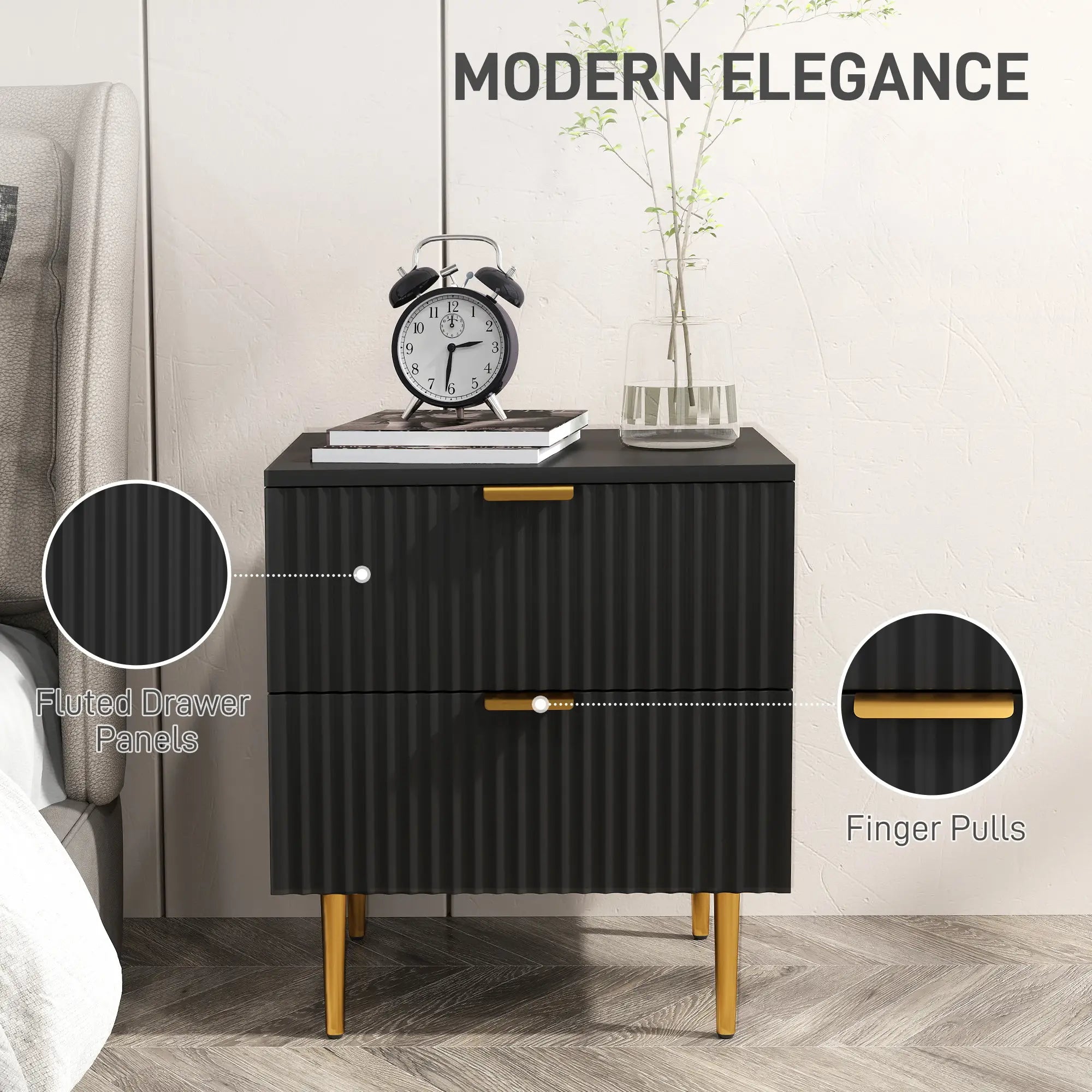 Modern Nightstand, 2 Drawers, Metal Legs, Black Bedside Tables at Gallery Canada