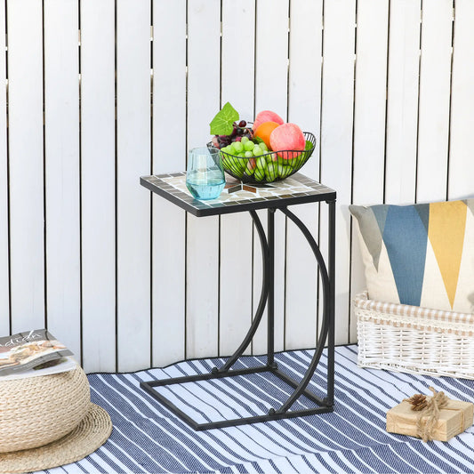 Mosaic Side Table, C Shape Frame, Indoor Outdoor Coffee End Table Patio Side Tables Black Frame, Multi-colored Tabletop at Gallery Canada