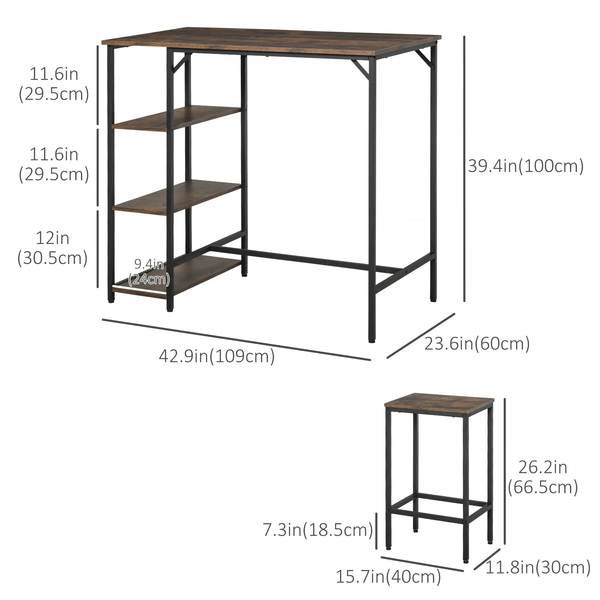 Industrial Dining Table Set for 2, Counter Height, Rustic Brown, Brown Bar Sets at Gallery Canada