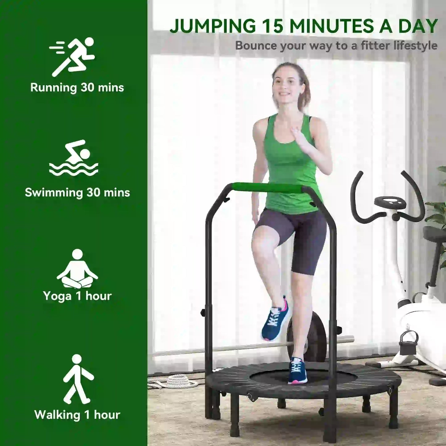 40" Foldable Mini Fitness Trampoline, Adjustable Foam Handle, Green Trampolines at Gallery Canada