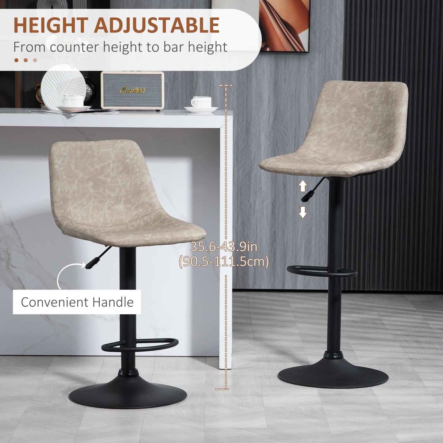 Adjustable Counter Height Bar Stools Set of 2, 360° Swivel Kitchen Counter Stools with Backs, Vintage Leather, Beige - Gallery Canada