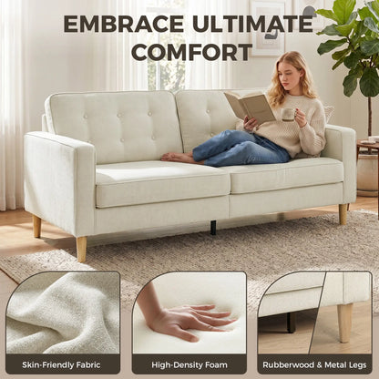 3 Seater Sofa Upholstered with Padded Cushion Modern Button Tufted Couch with Wood Legs, Cream White 3-Seater Sofas at Gallery Canada