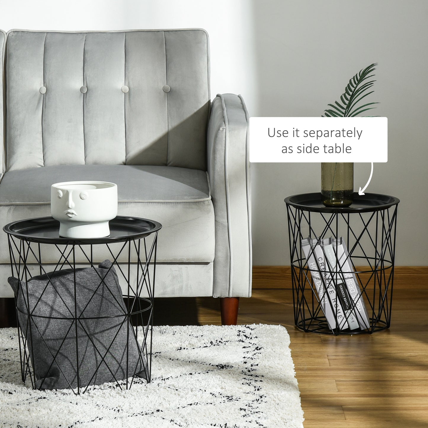 Set of 3 Nesting Coffee Tables with Storage, Round End Table with Removable Tray, Basket Side Tables with Metal Frame for Living Room, Black Side Tables at Gallery Canada