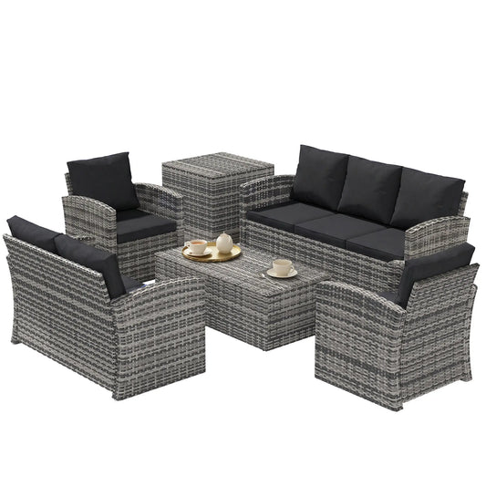 6-Piece Wicker Patio Furniture Set, 7-Seater with Cushions, Black Patio Furniture Sets Mixed Grey Rattan, Black Cushion at Gallery Canada