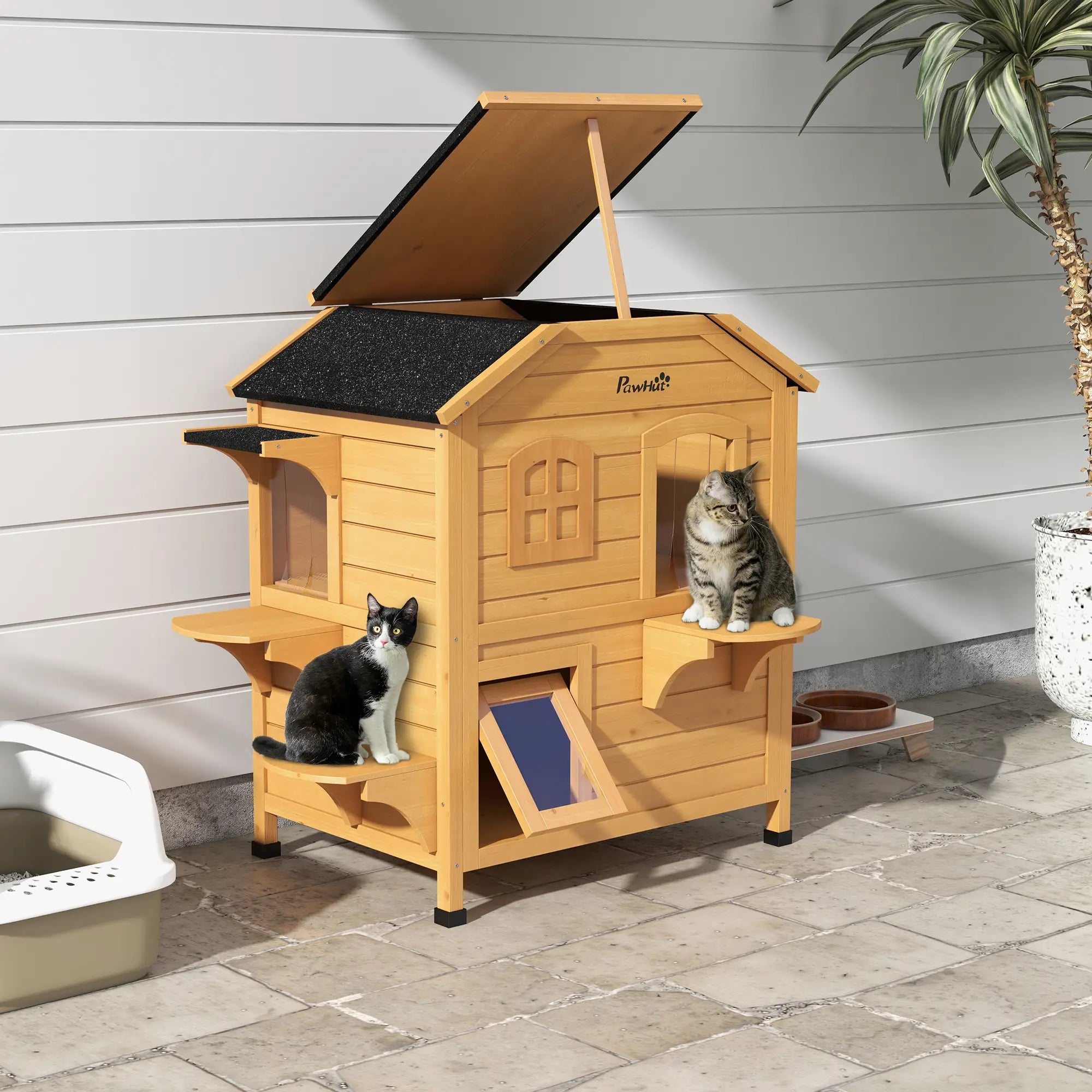 2-Storey Outdoor Cat House, Wooden Catio, Openable Roof, Yellow Cat Houses at Gallery Canada