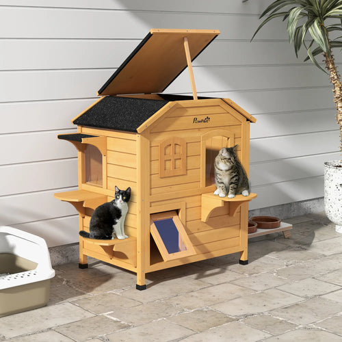 2-Storey Outdoor Cat House, Wooden Catio, Openable Roof, Yellow