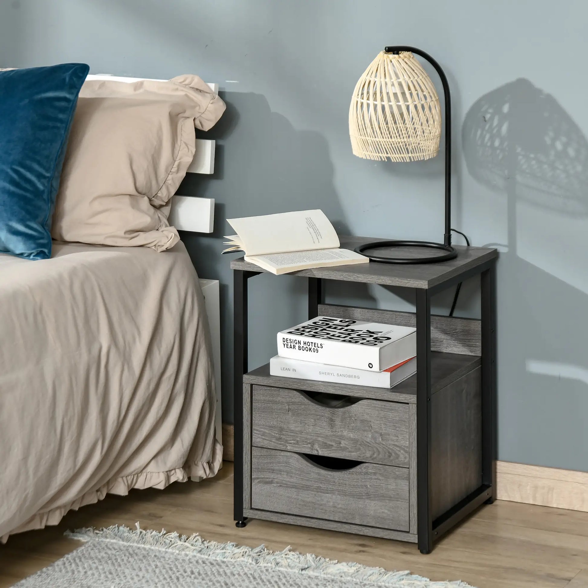 Industrial Nightstand, 2 Drawers with Storage Shelf, Grey Side Tables at Gallery Canada