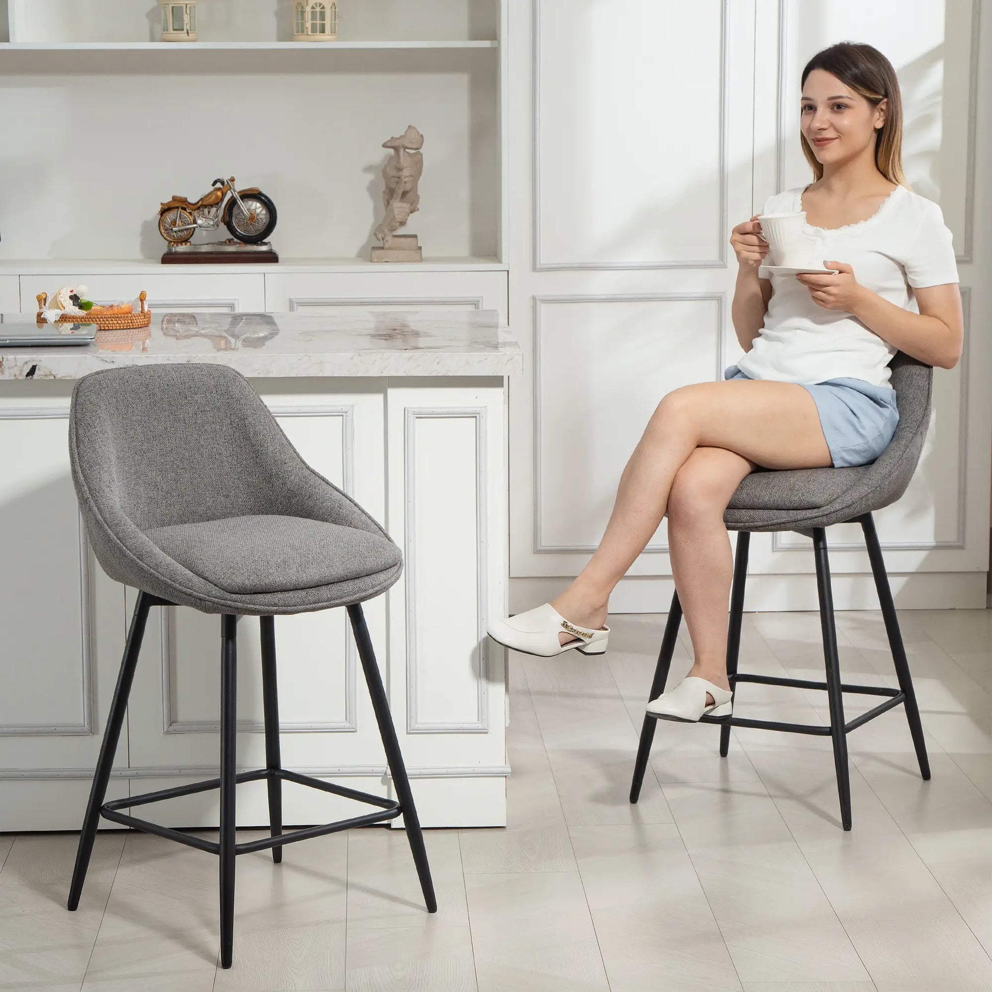 26" Counter Height Barstools Set of 2, Upholstered Swivel Bar Stools with Backrests and Armrests, Dark Grey Bar Stools at Gallery Canada