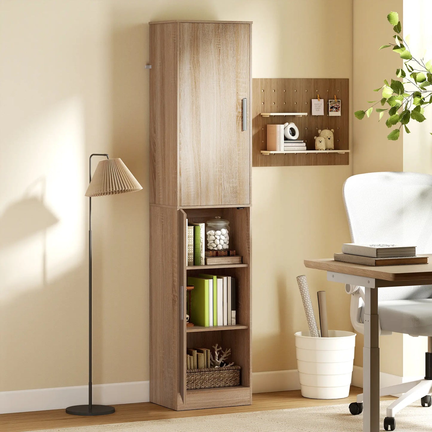 Tall Bathroom Cabinet, Slim 6-Tier Bathroom Floor Cabinet with 2 Doors and 4 Adjustable Shelves, Natural Wood