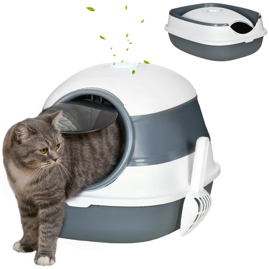 Foldable Cat Litter Box with Lid, Covered, White and Grey Cat Litter Box Enclosures White and Grey at Gallery Canada